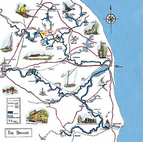 Detailed map of Norfolk Broads showing NBYCo's location at the Southgates Yacht Station, Horning